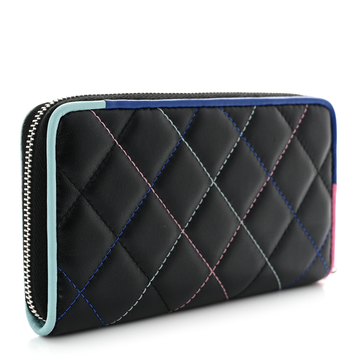 Chanel Lambskin Quilted Small Gusset Zip Around Wallet Black Pink Light Blue 3 of 9