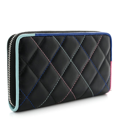 Chanel Lambskin Quilted Small Gusset Zip Around Wallet Black Pink Light Blue 3 of 9