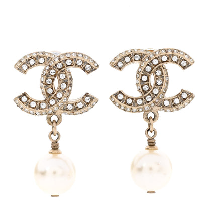 Chanel Crystal Timeless CC Pearl Drop Earrings Light Gold 1 of 5