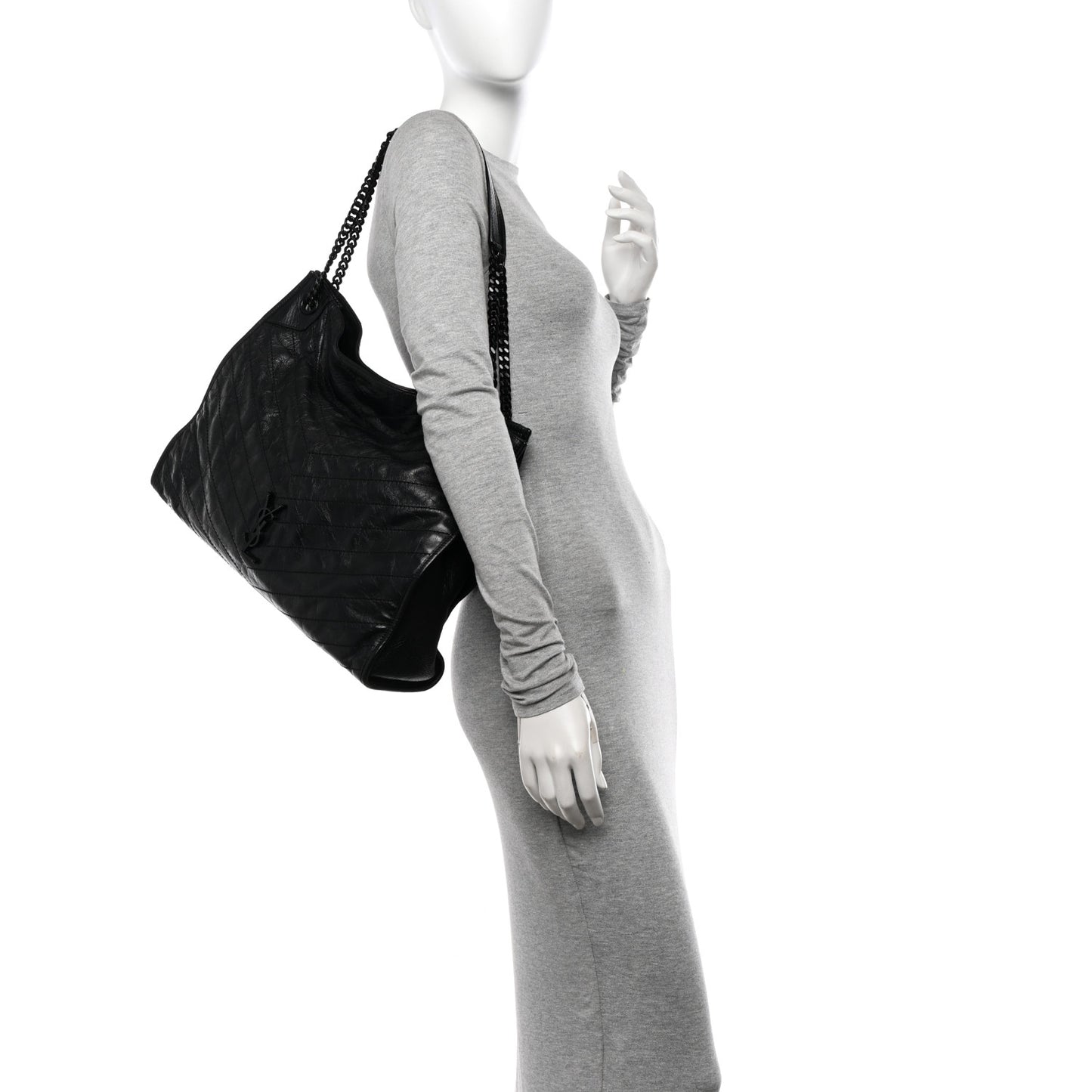 Crinkled Calfskin Matelasse Monogram Large Niki Shopper Tote Black