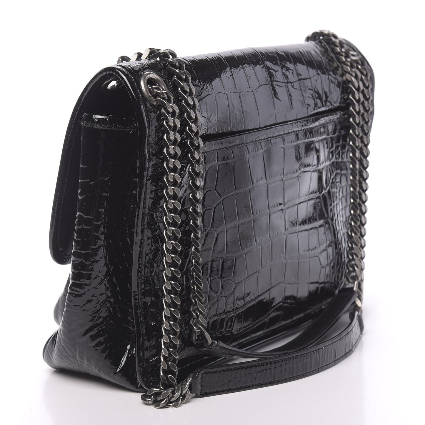 Patent Crocodile Embossed Lambskin Monogram Medium Niki Chain Satchel Black