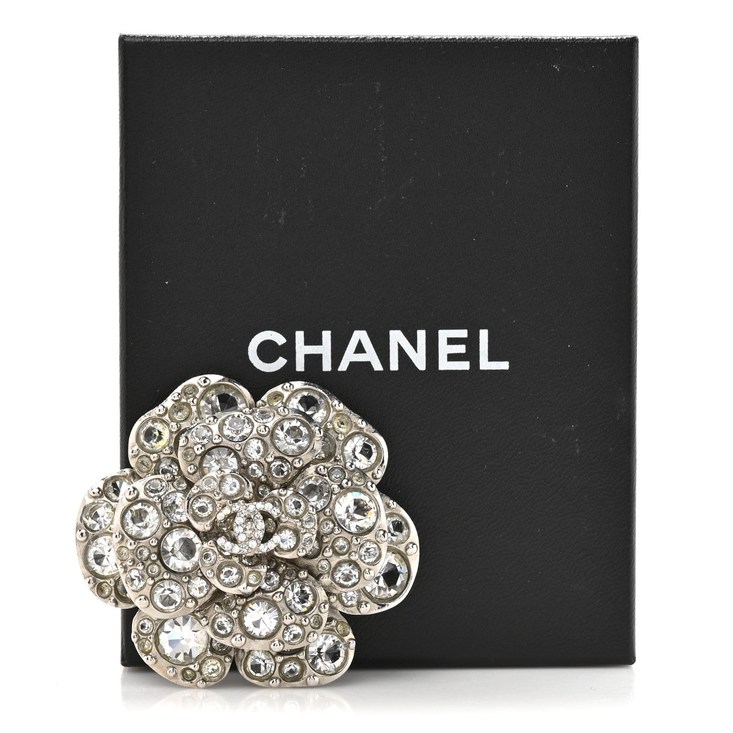 Chanel Swarovski Crystal Camellia CC Brooch Silver 1852644