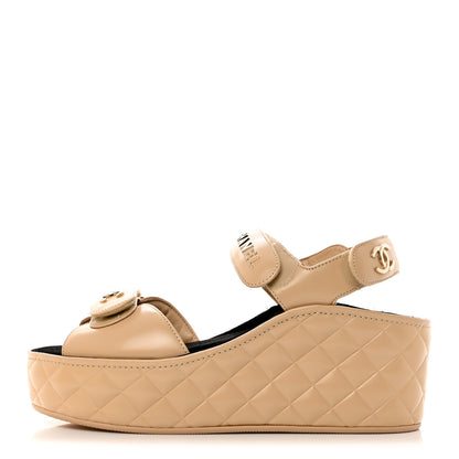 Chanel Shiny Calfskin Logo Platform Sandals 38 Beige 1 of 9