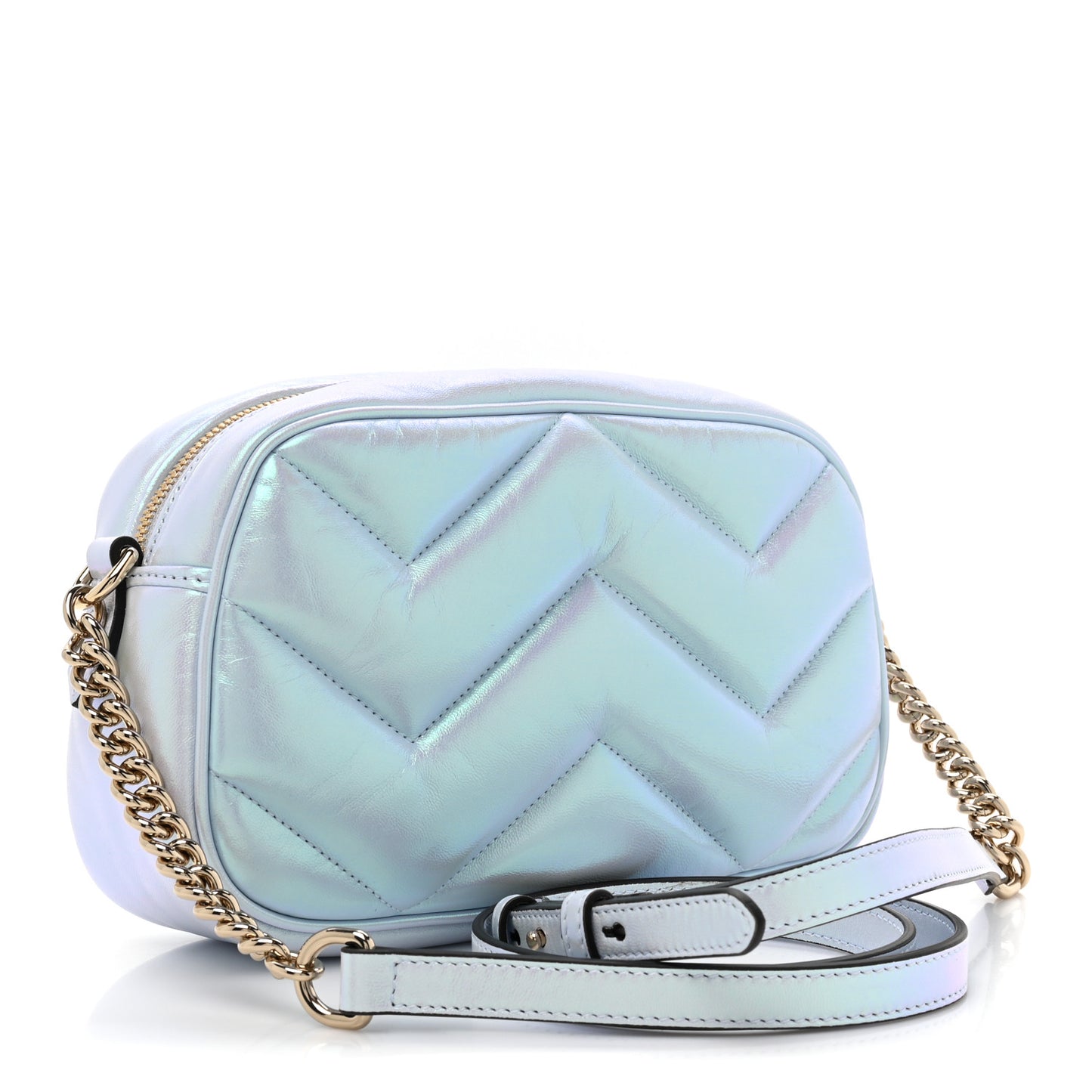 Iridescent Nappa Chevron Matelasse Small GG Marmont Chain Shoulder Bag Iridescent Snow Light Blue