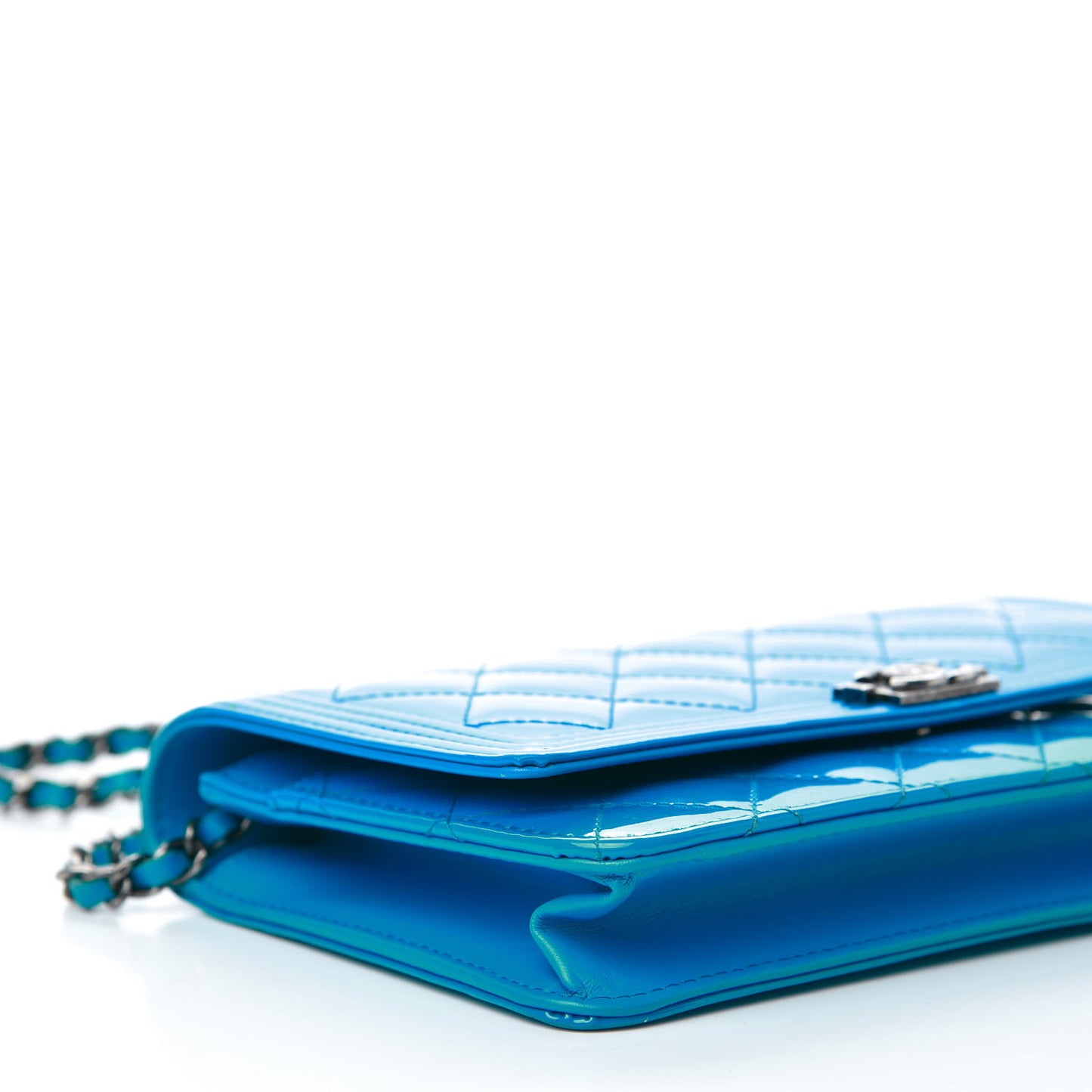Patent Calfskin Quilted Boy Wallet On Chain WOC Blue