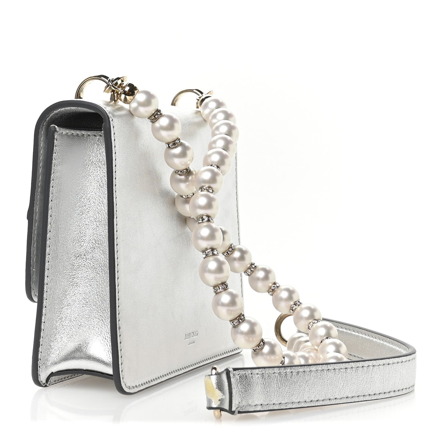 Metallic Calfskin Pearl Varenne Crystal Bar Avenue Chain Clutch Silver