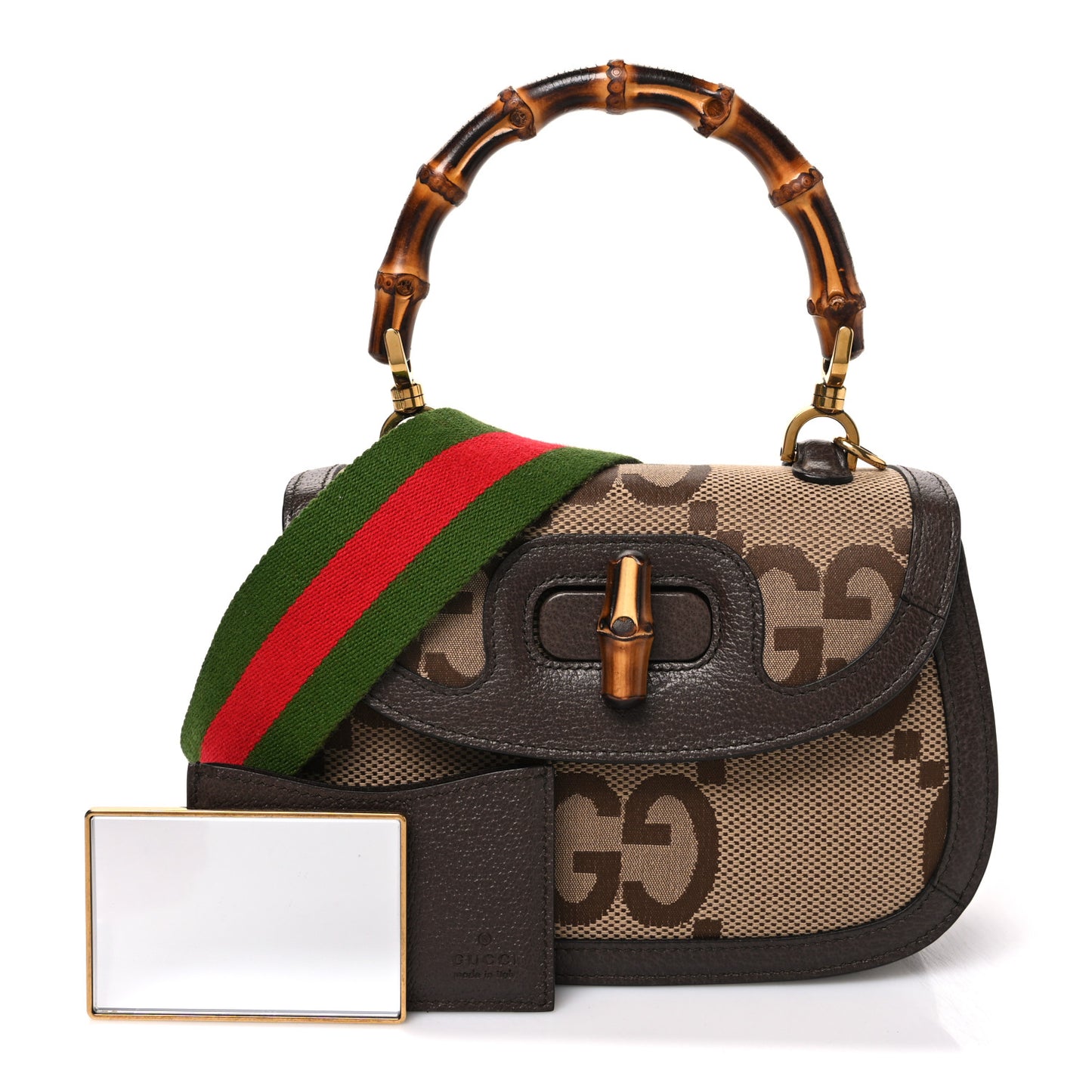 Monogram Jumbo GG Textured Dollar Calfskin Web Small Bamboo 1947 Top Handle Bag Camel Ebony New Acero