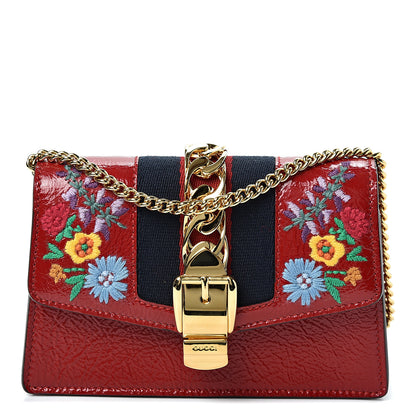 Gucci Patent Embroidered Super Mini Sylvie Chain Shoulder Bag Red 1 of 10