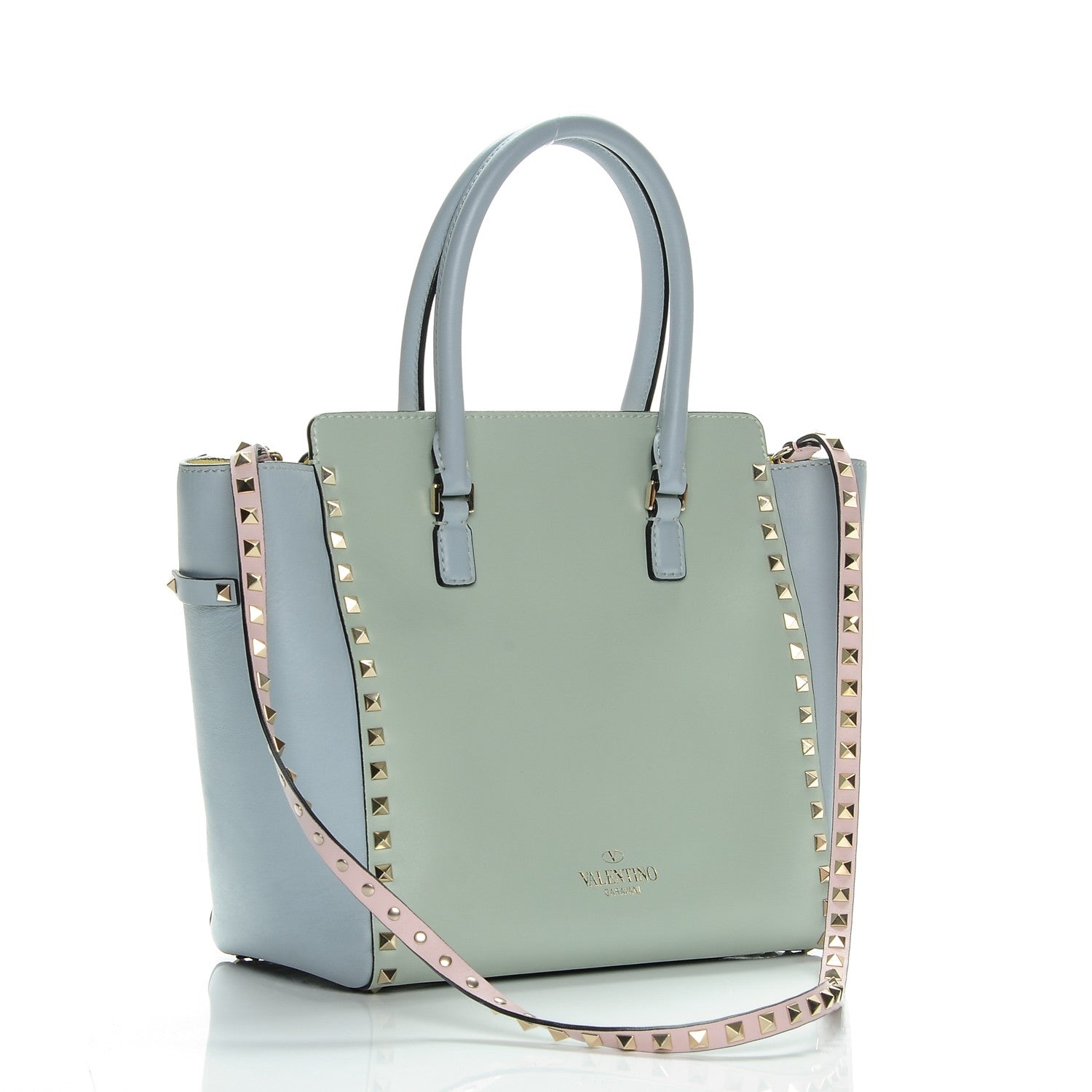 Valentino Garavani Vitello Watercolor Rockstud Double Handle Tote Rose Green Yellow Sky 3 of 7