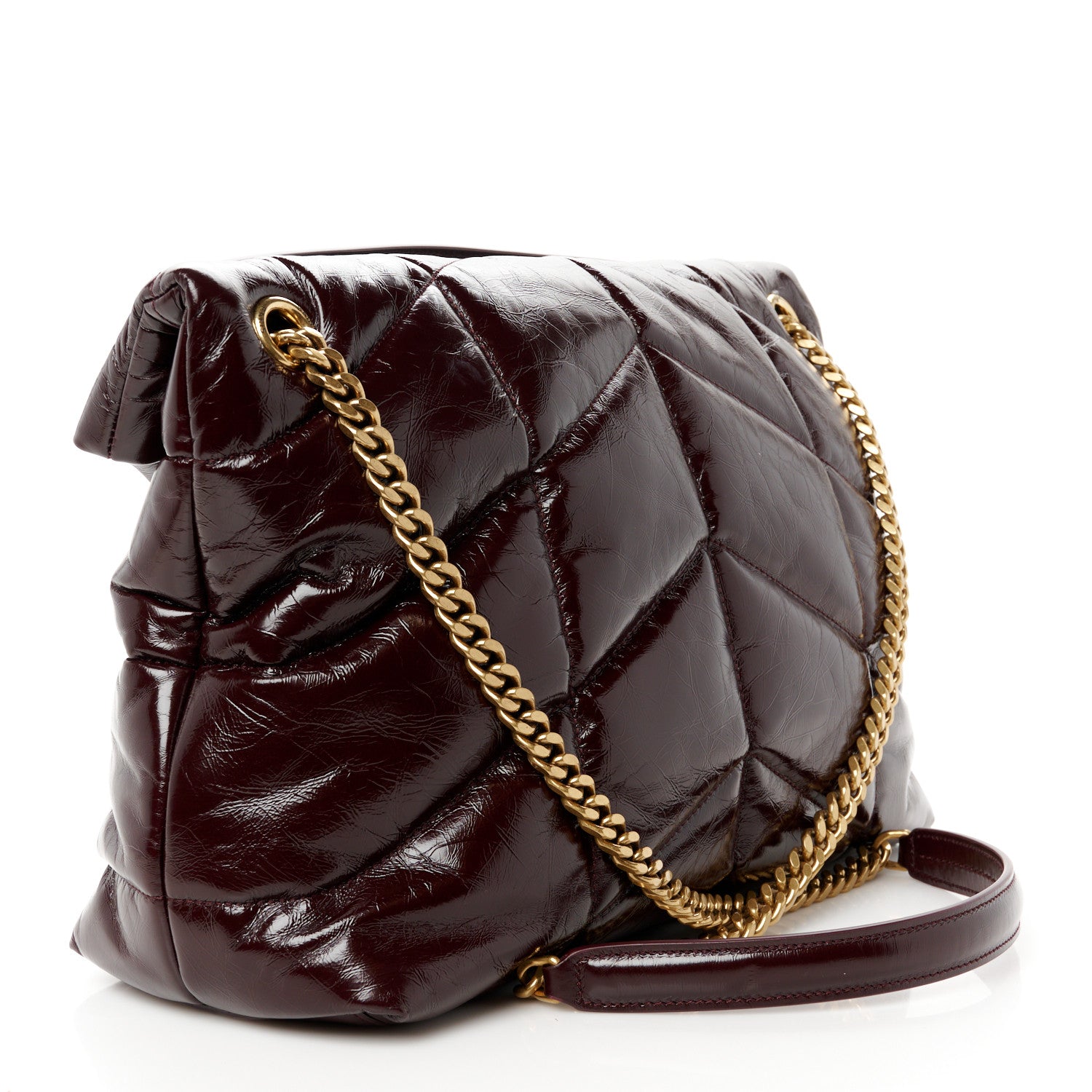Saint Laurent Patent Lambskin Quilted Medium Loulou Puffer Monogram Chain Satchel Barolo Red 3 of 11