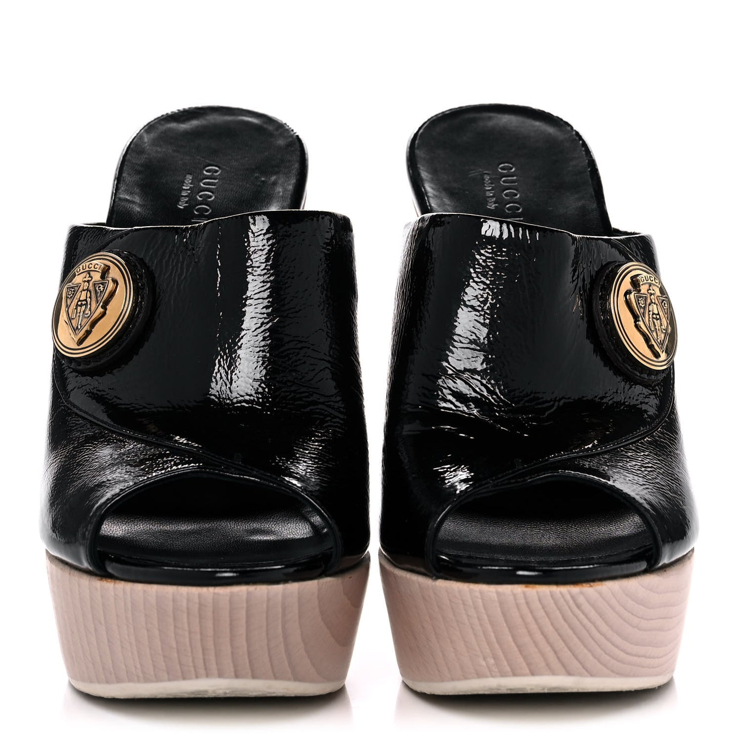 Patent Wood Platform High Heel Slides 9 Black