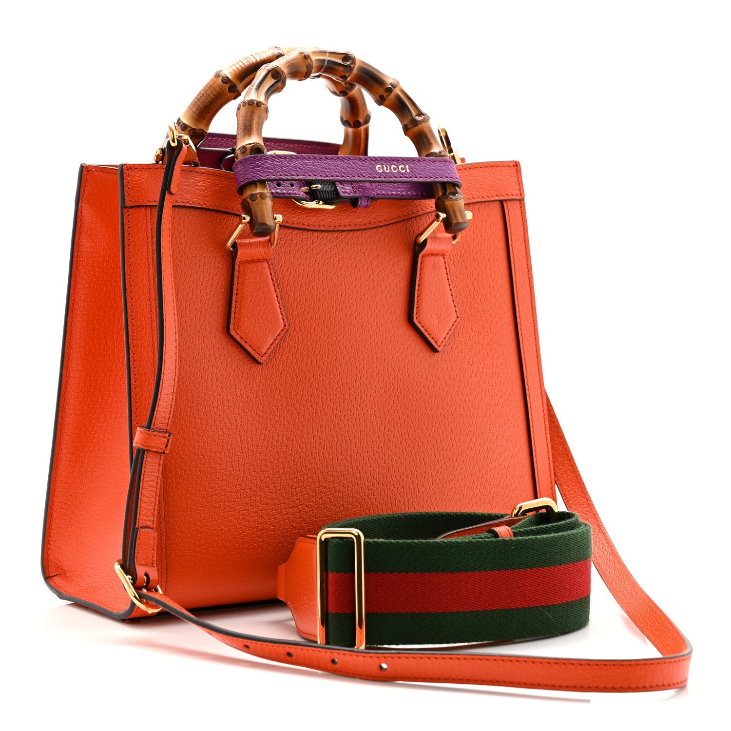 Gucci Textured Dollar Calfskin Web Small Diana Tote Bag Deep Orange Spicy Cyclamin 3 of 9