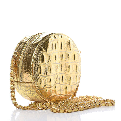 Chanel Metallic Calfskin Crocodile Embossed Cocodile Round Clutch with Chain Gold 3 of 9