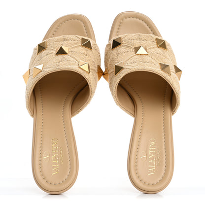 Valentino Garavani Raffia Roman Stud 65mm Slide Sandals 38 Sahara Beige 2 of 9