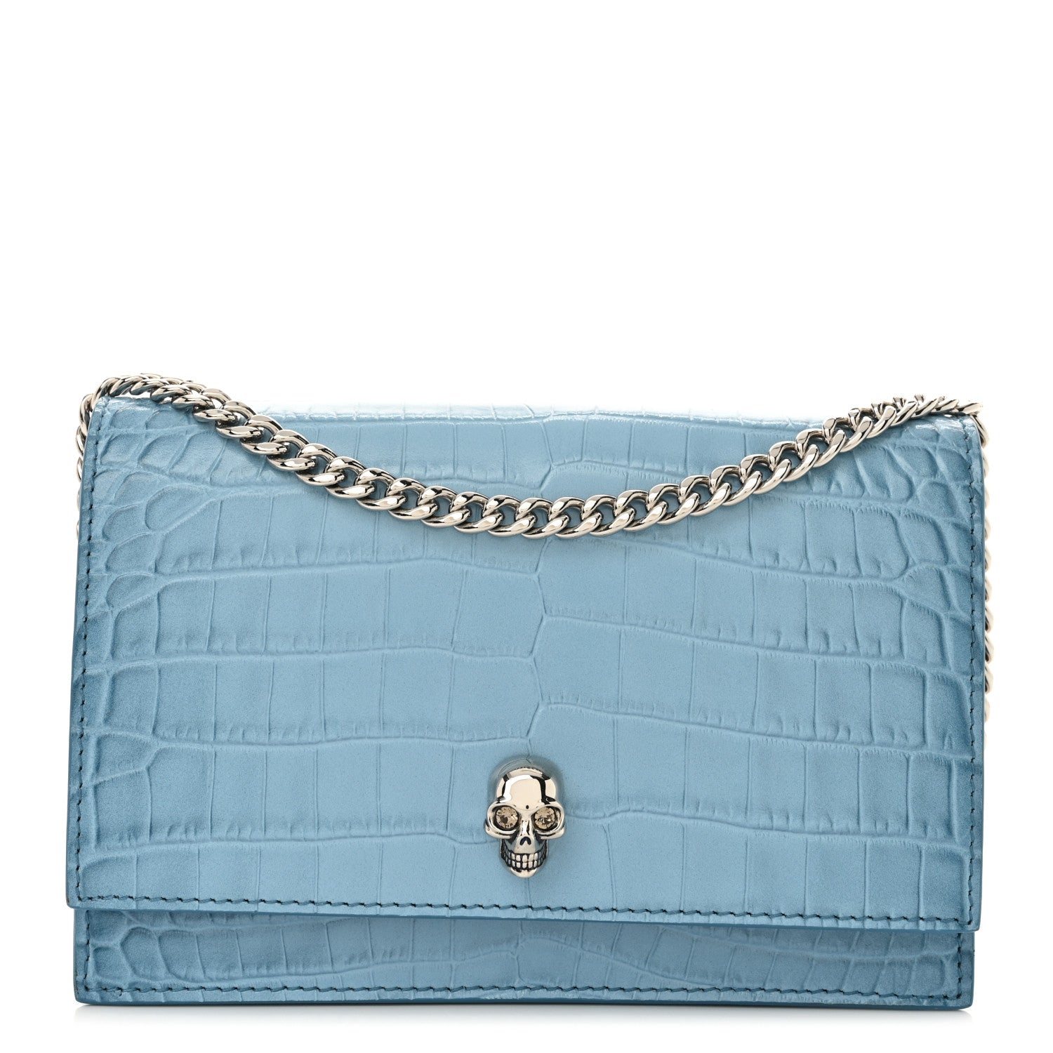 Alexander McQueen Calfskin Crocodile Embossed Skull Mini Crossbody Bag Blue 1 of 9
