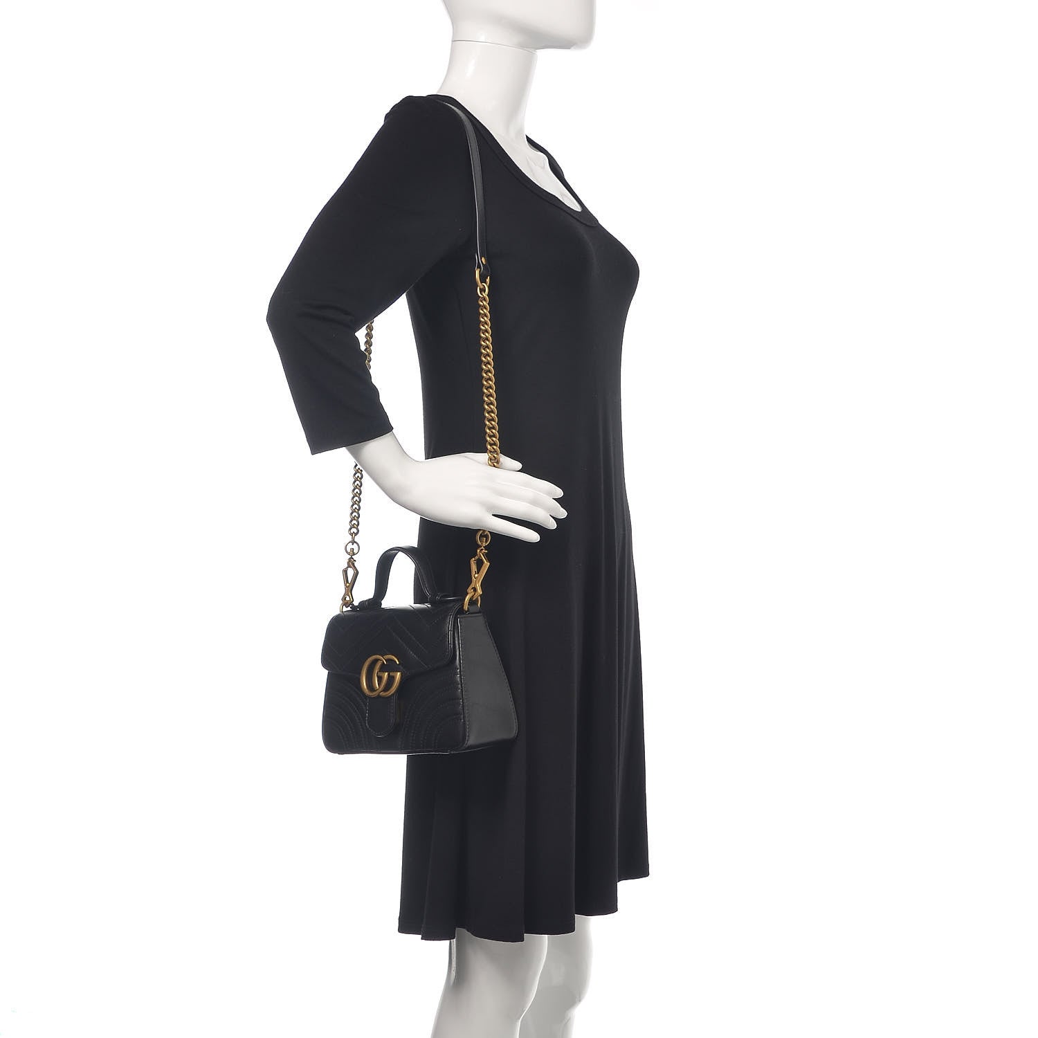 Gucci Calfskin Matelasse Mini GG Marmont Top Handle Shoulder Bag Black 2 of 9