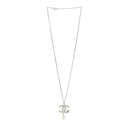 Chanel Crystal CC Star Pearl Drop Necklace Silver 2 of 3