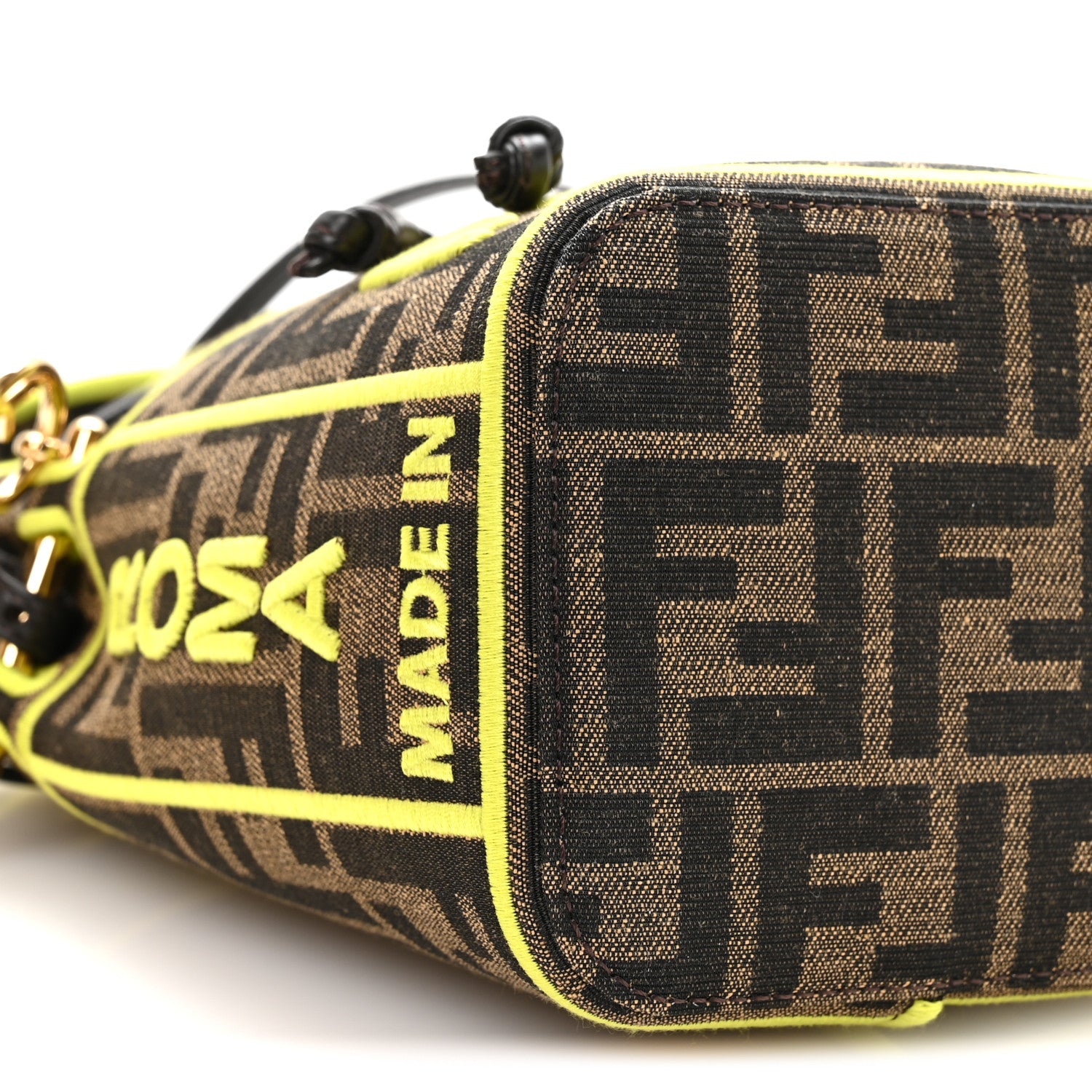 Fendi Fabric Jacquard Shiny Nappa FF 1974 Logo Threaded Edge Mini Mon Tresor Bucket Bag Tobacco Moro Giallo Fluo 7 of 9