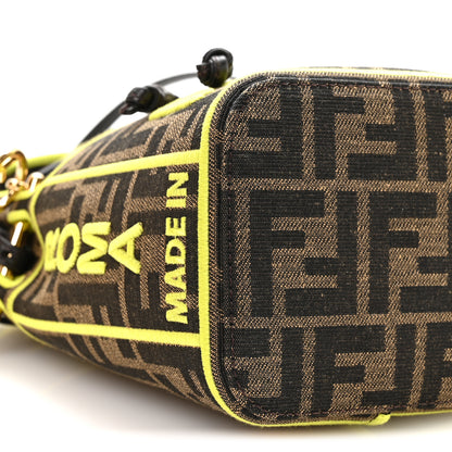 Fendi Fabric Jacquard Shiny Nappa FF 1974 Logo Threaded Edge Mini Mon Tresor Bucket Bag Tobacco Moro Giallo Fluo 7 of 9