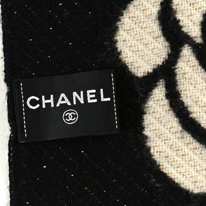 Chanel Cashmere Wool Metallic Fiber Manchester Camellia Fringe Scarf Black White 3 of 3