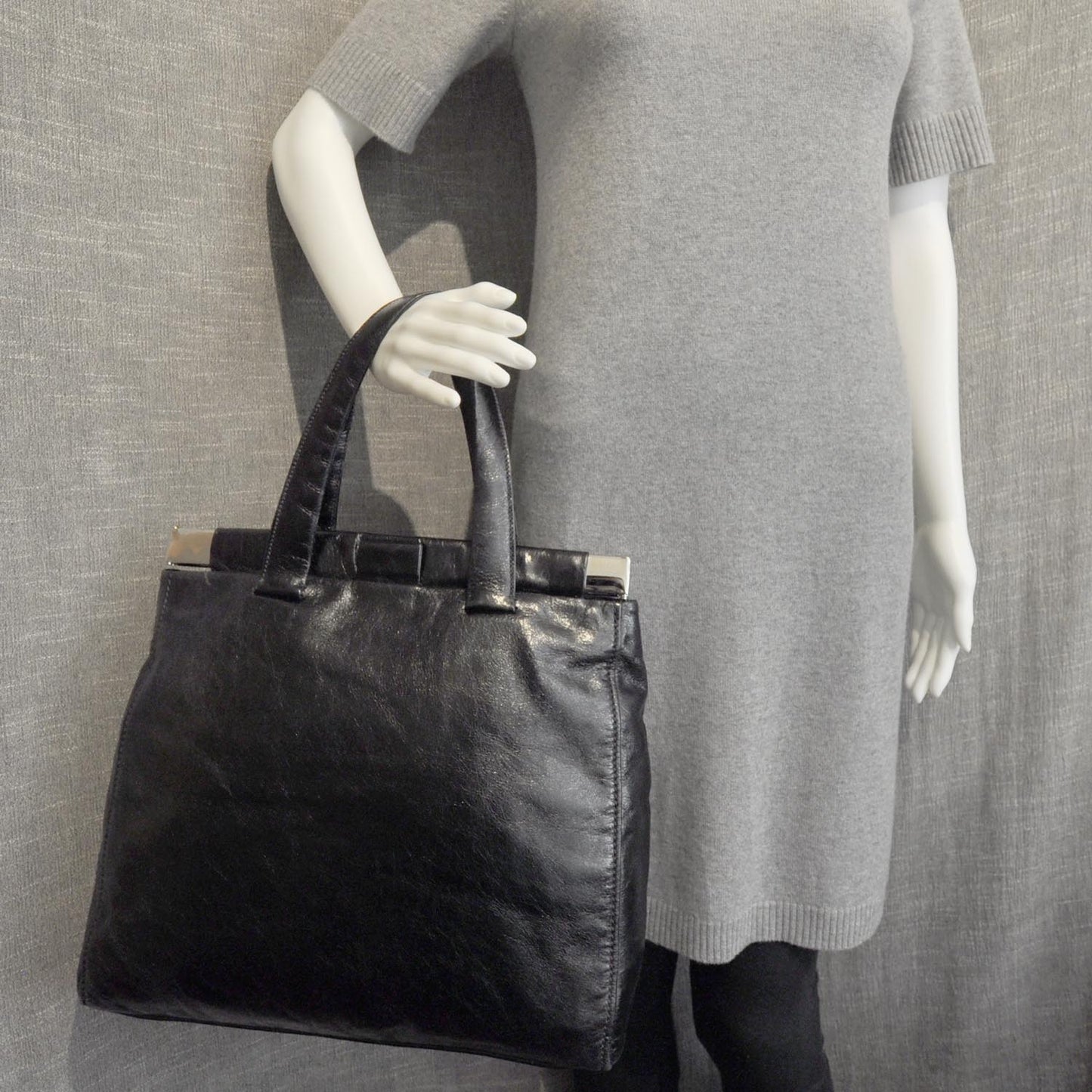 Leather Framed Top Tote Black