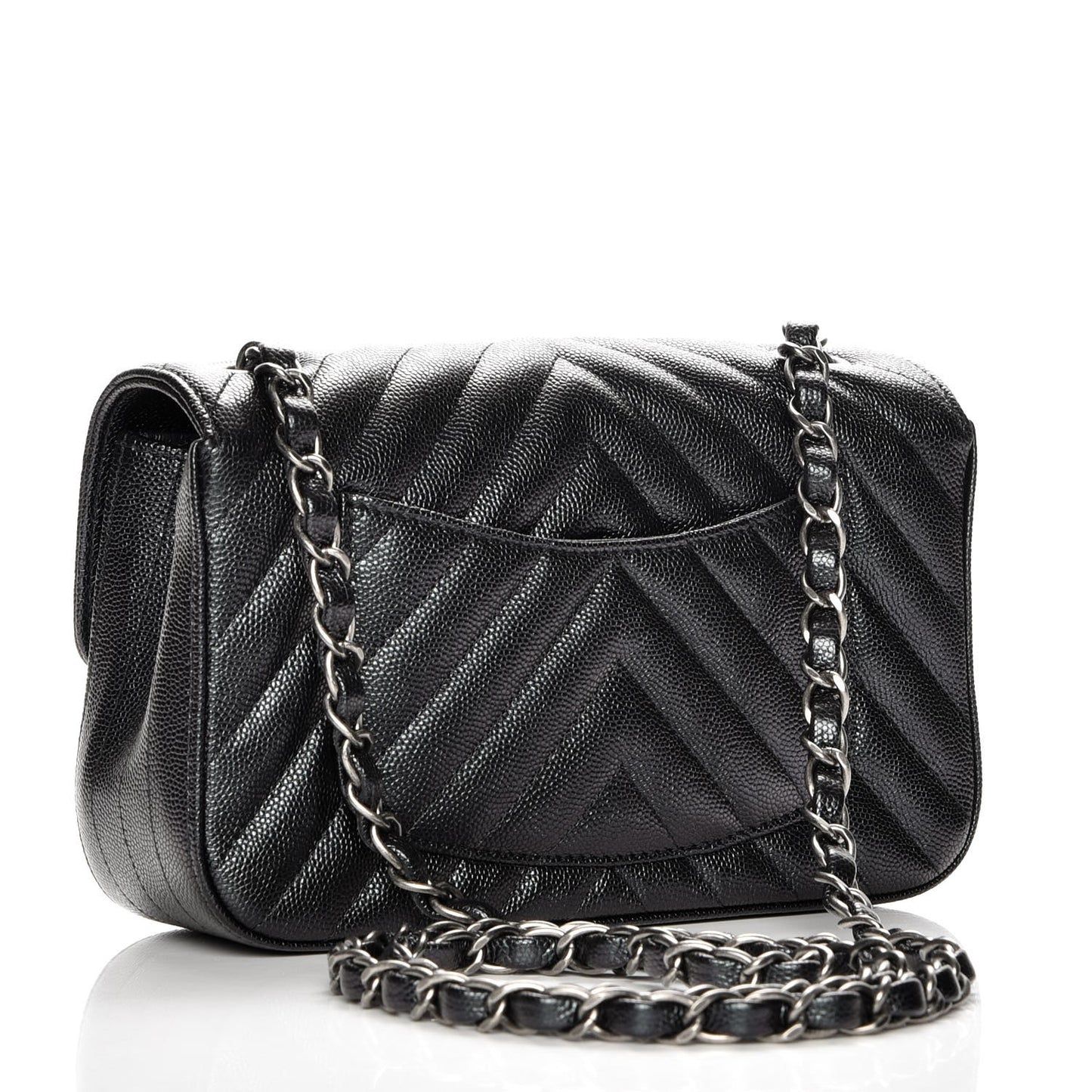 Metallic Caviar Chevron Quilted Mini Rectangular Flap Black