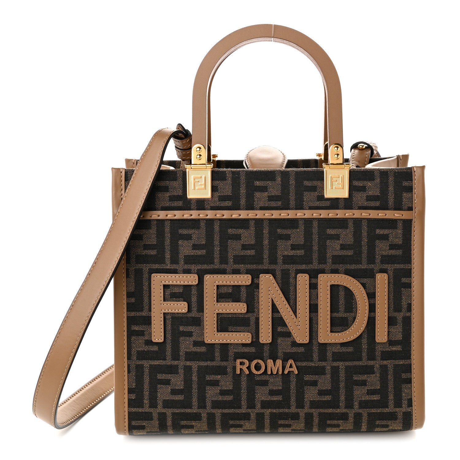Fendi Fabric Jacquard FF 1974 Logo Small Fendi Sunshine Shopper Tote Tobacco Moro Sand 1 of 9