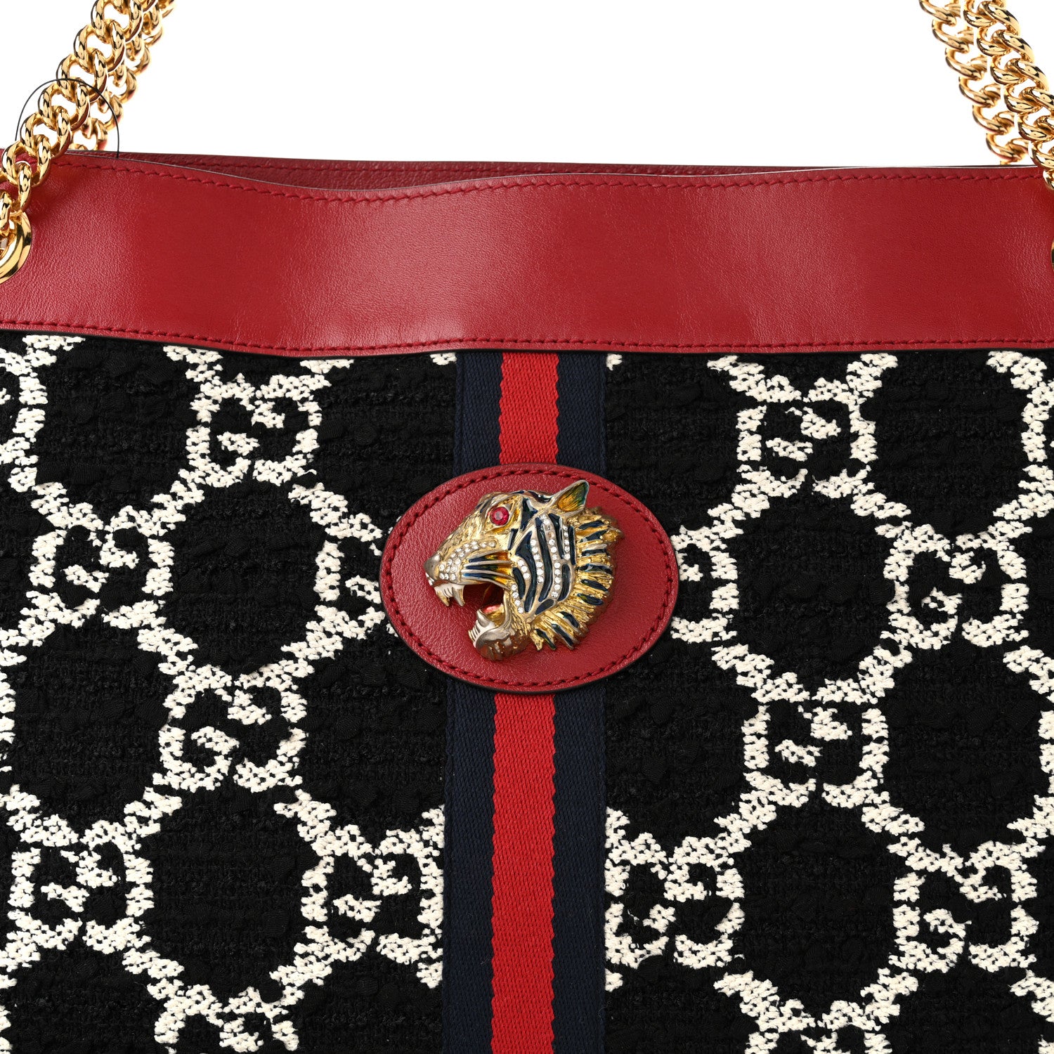 Gucci Tweed GG Monogram Large Rajah Chain Tote Romantic Cherry Black White 9 of 11