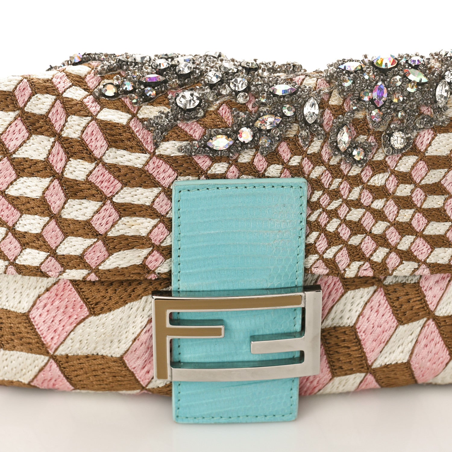 Fendi Fabric Lizard Crystal Embroidered Baguette Celeste 15 of 16