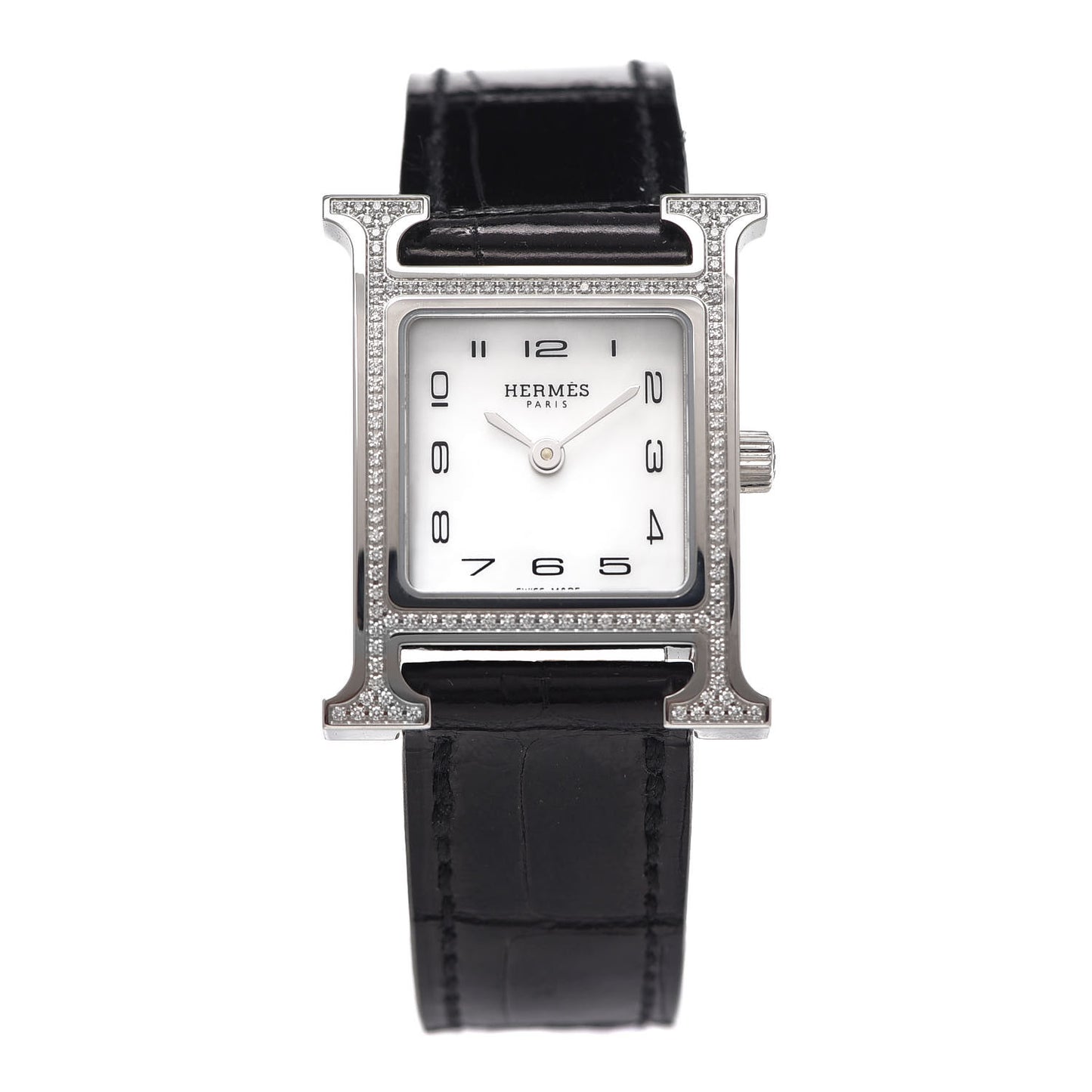 Stainless Steel Alligator Diamond Bezel Mother of Pearl 21mm Heure H Hour Quartz Watch Noir
