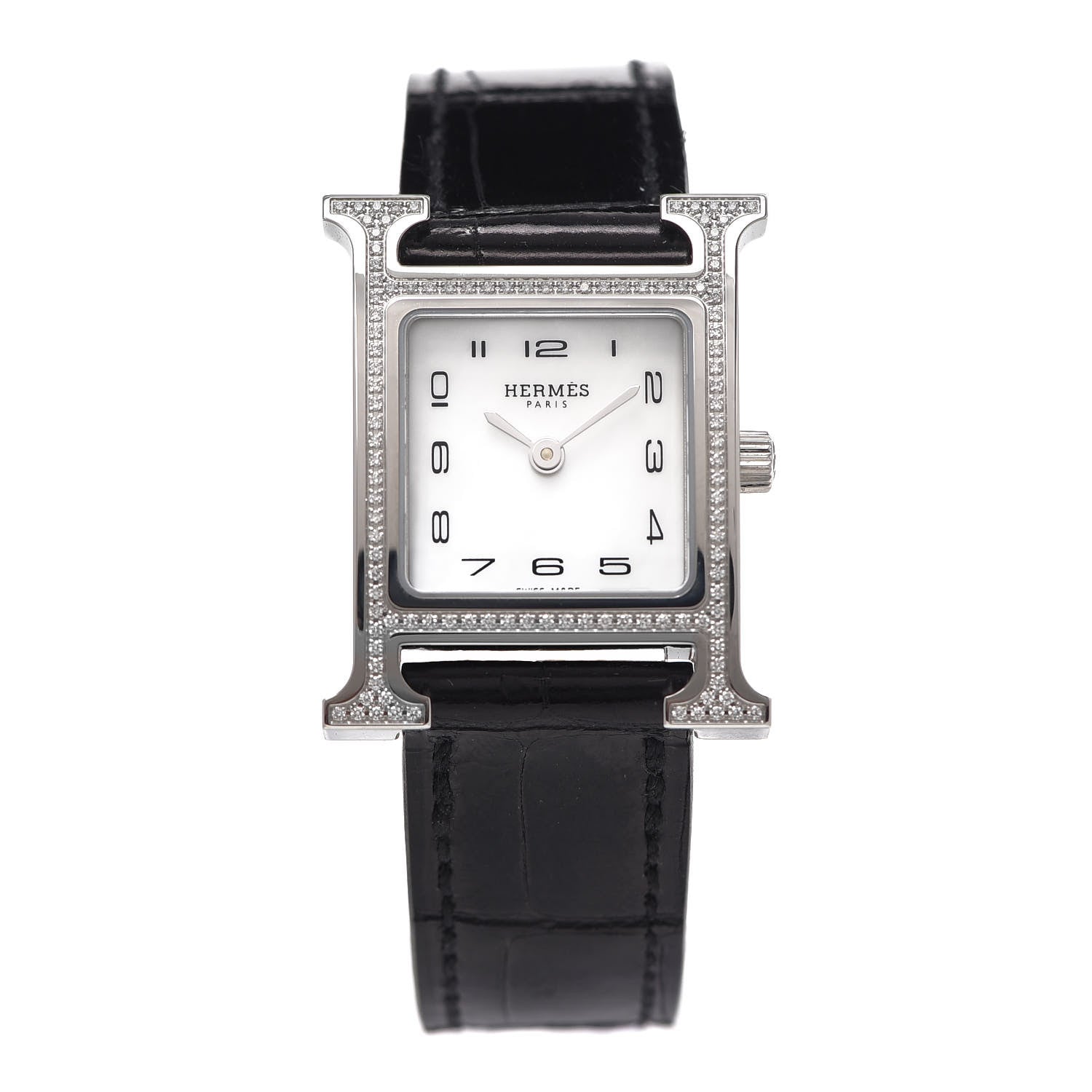 Hermes Stainless Steel Alligator Diamond Bezel Mother of Pearl 21mm Heure H Hour Quartz Watch Noir 1 of 5