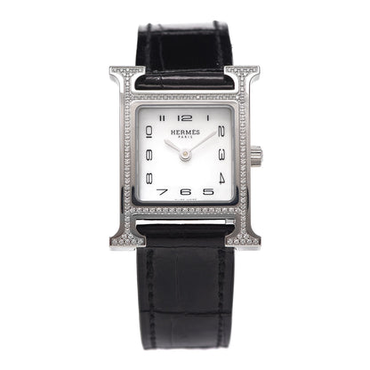 Hermes Stainless Steel Alligator Diamond Bezel Mother of Pearl 21mm Heure H Hour Quartz Watch Noir 1 of 5