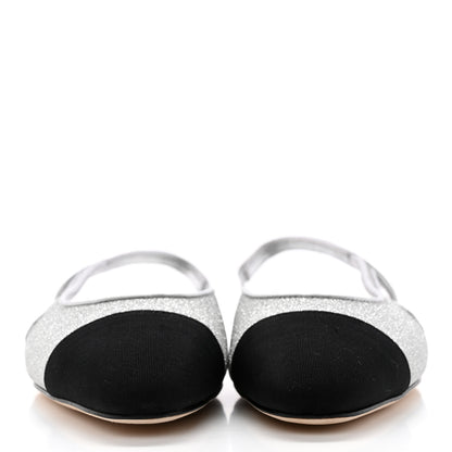 Chanel Glitter Calfskin Grosgrain CC Slingback Flats 37 Black Silver 2 of 11