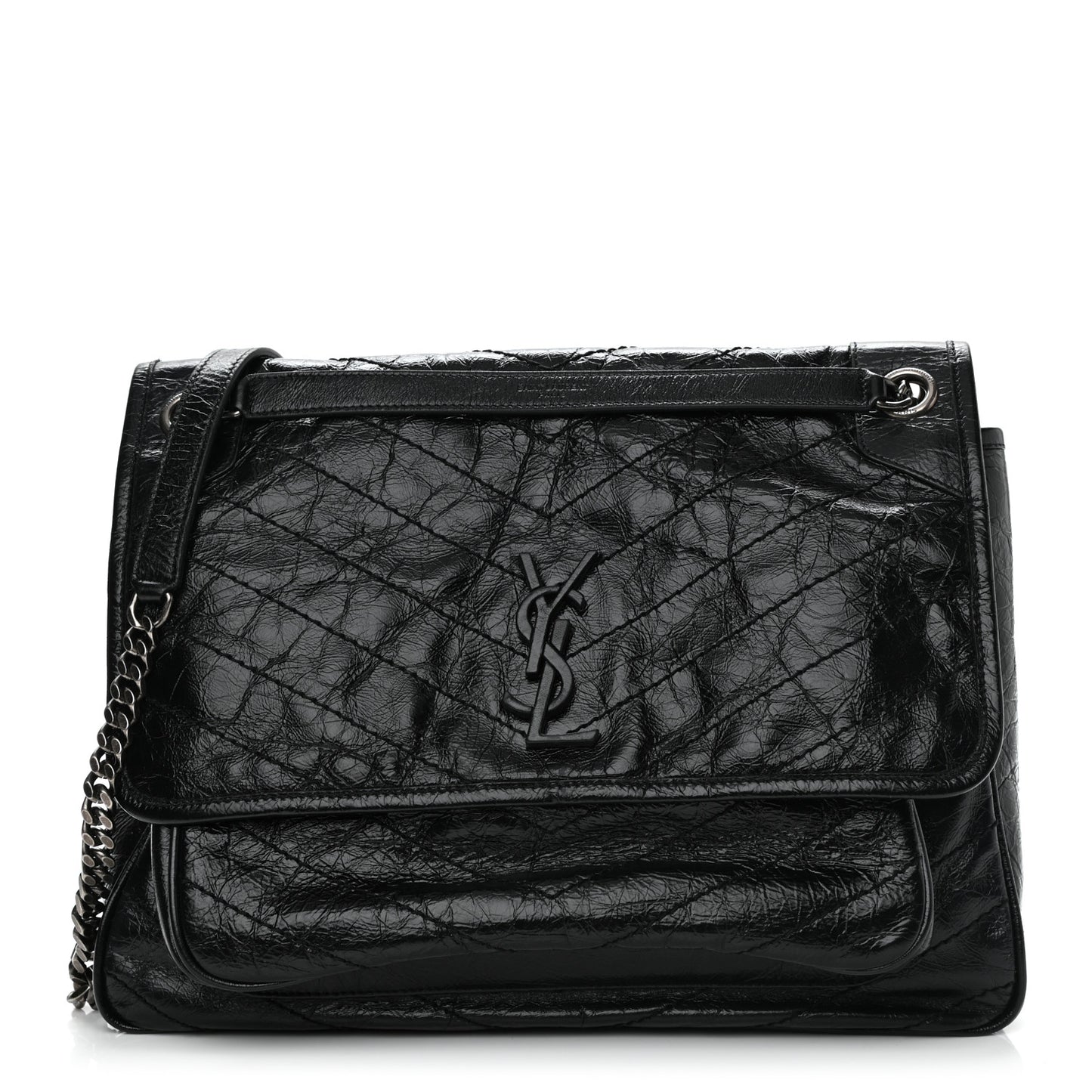 Crinkled Calfskin Matelasse Monogram Large Niki Chain Satchel Black