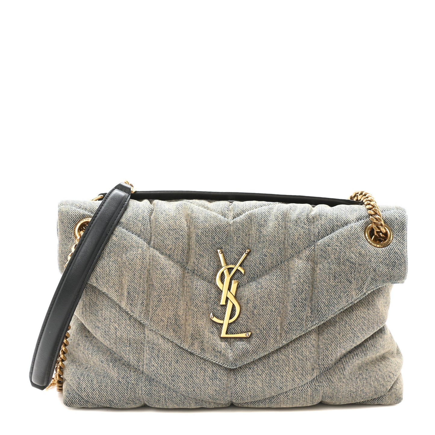 Denim Quilted Small Loulou Puffer Monogram Chain Satchel Azur