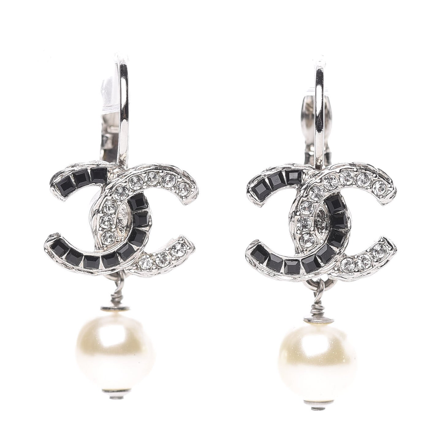 Baguette Crystal Pearl CC Drop Earrings Silver Black