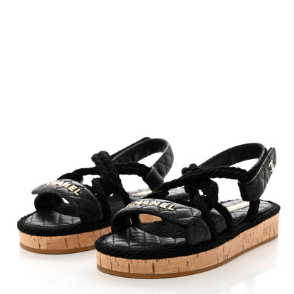 Chanel Cord Lambskin Quilted Logo Sandals 38 Black 3 of 10