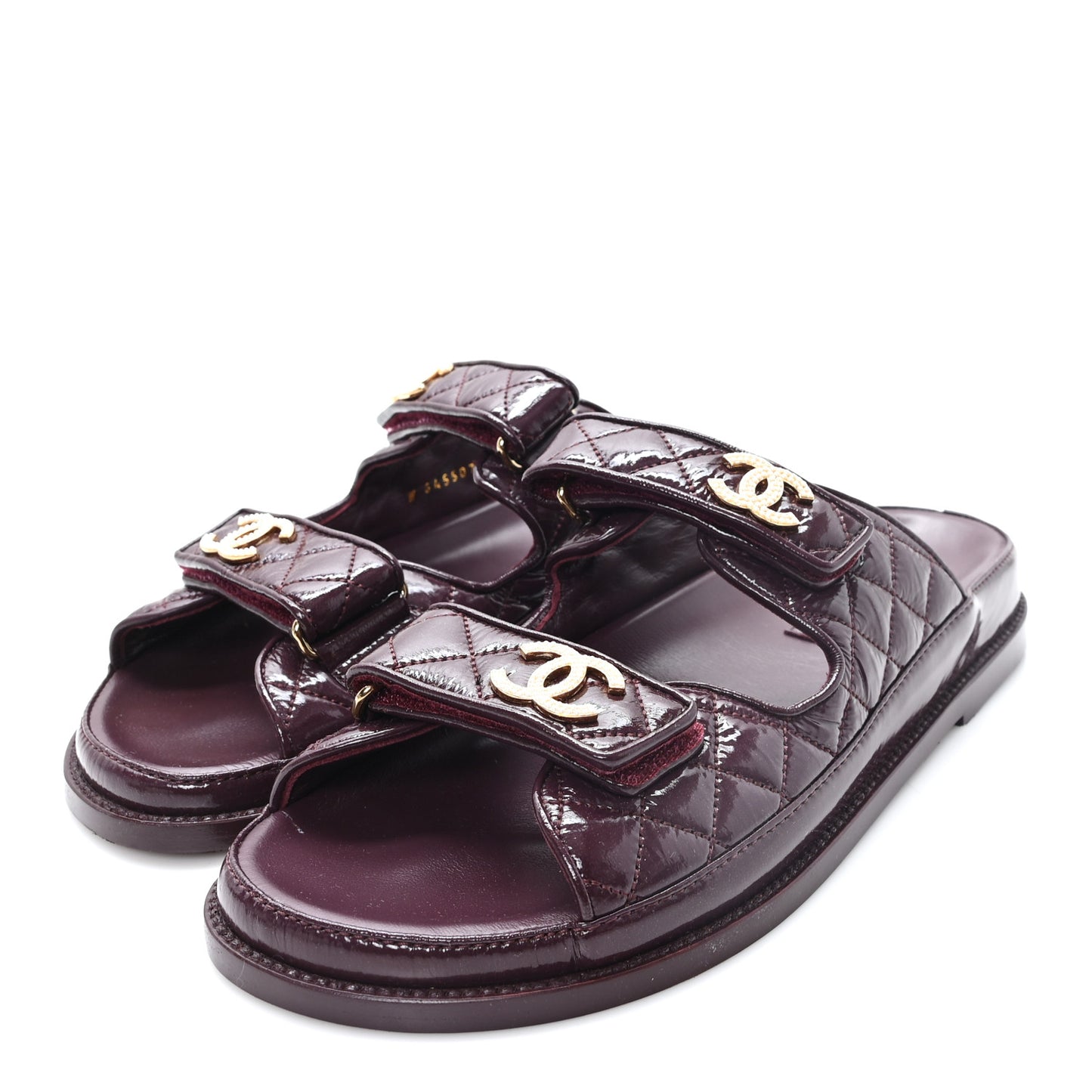 Shiny Calfskin Quilted Velcro Dad Pearl CC Slide Sandals 41 Burgundy