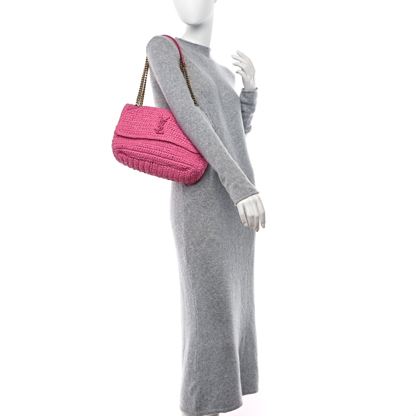 SAINT LAURENT Raffia Calfskin Monogram Medium Niki Chain Satchel Bright Pink