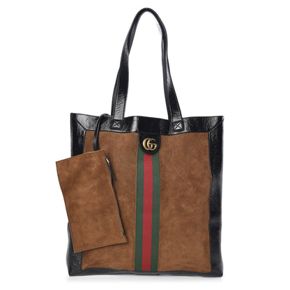 Gucci Suede Patent Web Large Ophidia Vertical Shopping Tote Nocciola Black 1 of 9
