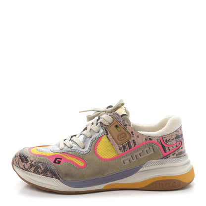 Gucci Suede Calfskin Tejus Printed Womens Ultrapace Sneakers 37.5 Pink Silver Oatmeal Yolk 1 of 8