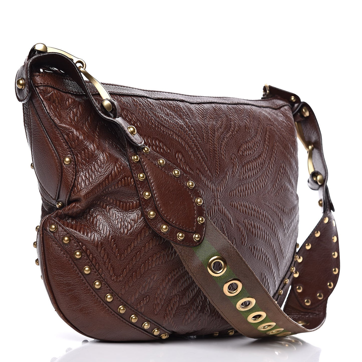 Calfskin Embossed Studded Pelham Messenger Bag Dark Brown