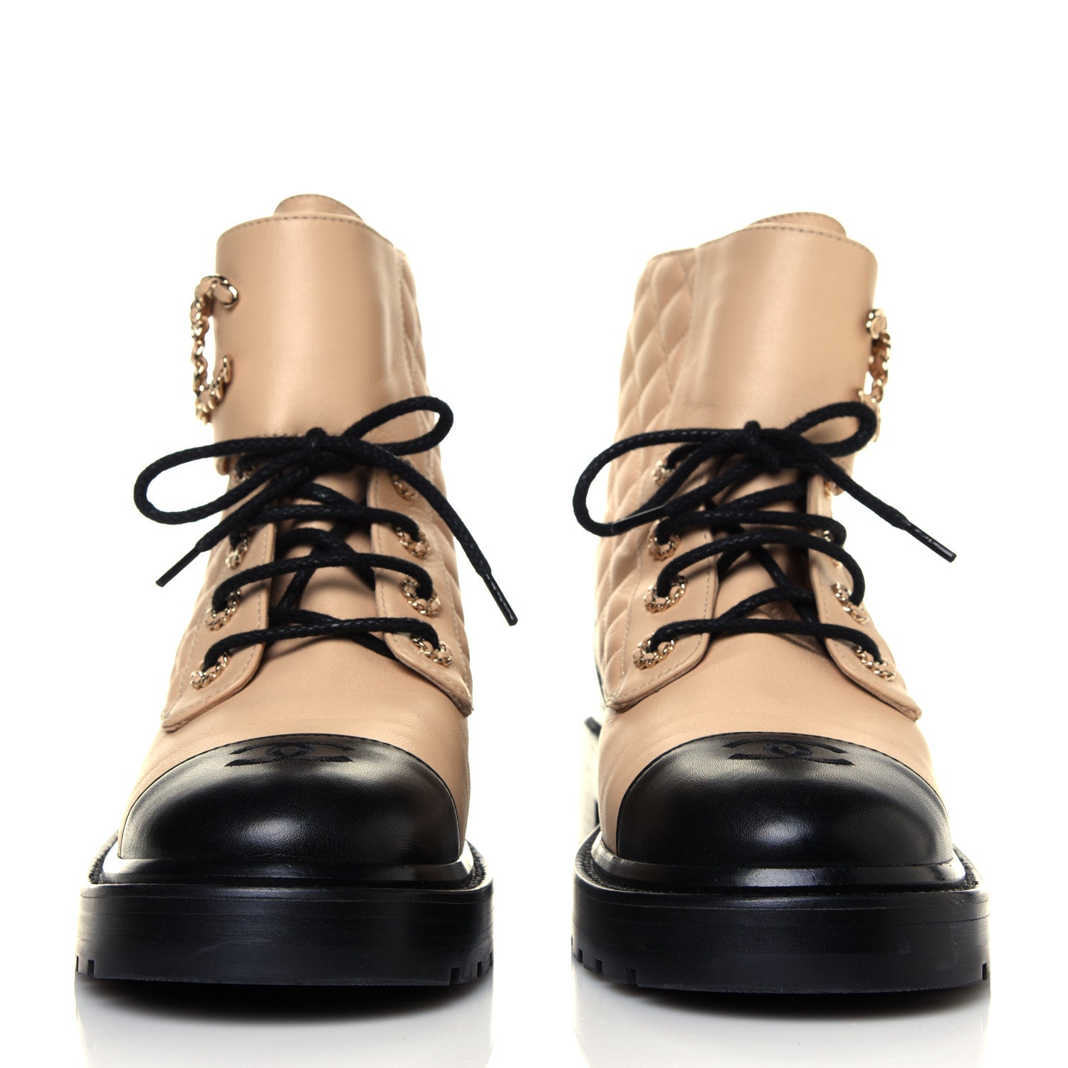 Chanel Lambskin Calfskin Quilted Lace Up Combat Boots Beige Black 2 of 6