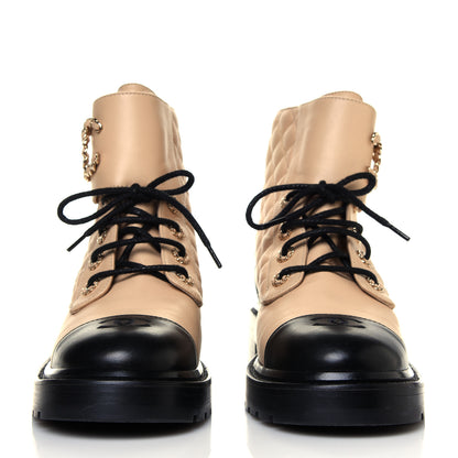 Chanel Lambskin Calfskin Quilted Lace Up Combat Boots Beige Black 2 of 6