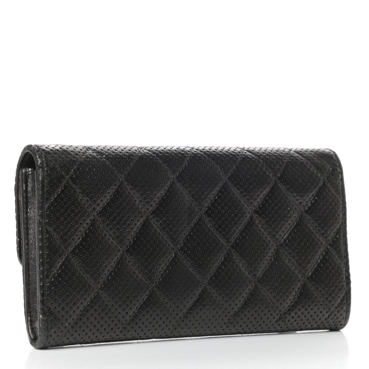 Perforated Lambskin Quilted Large Gusset Flap Wallet Black
