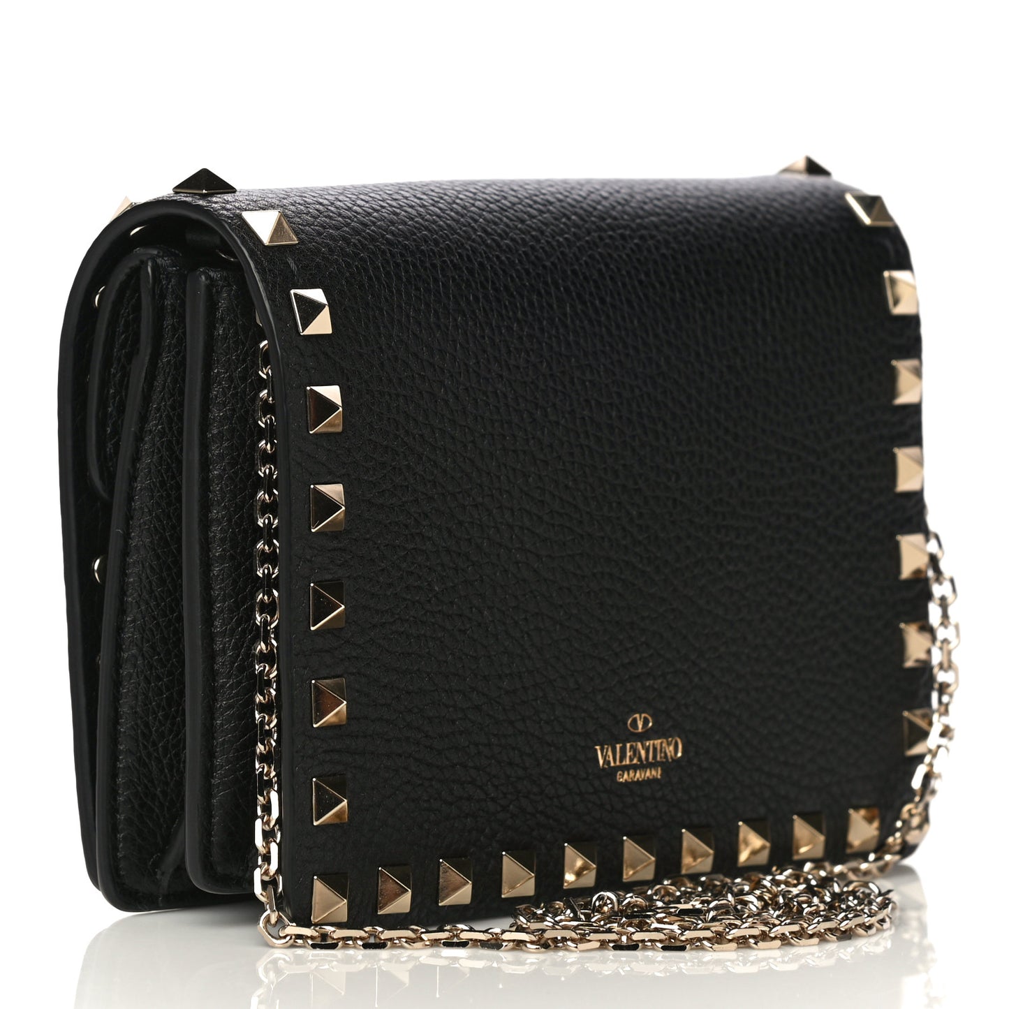 Pebbled Calfskin Rockstud Wallet on Chain Black