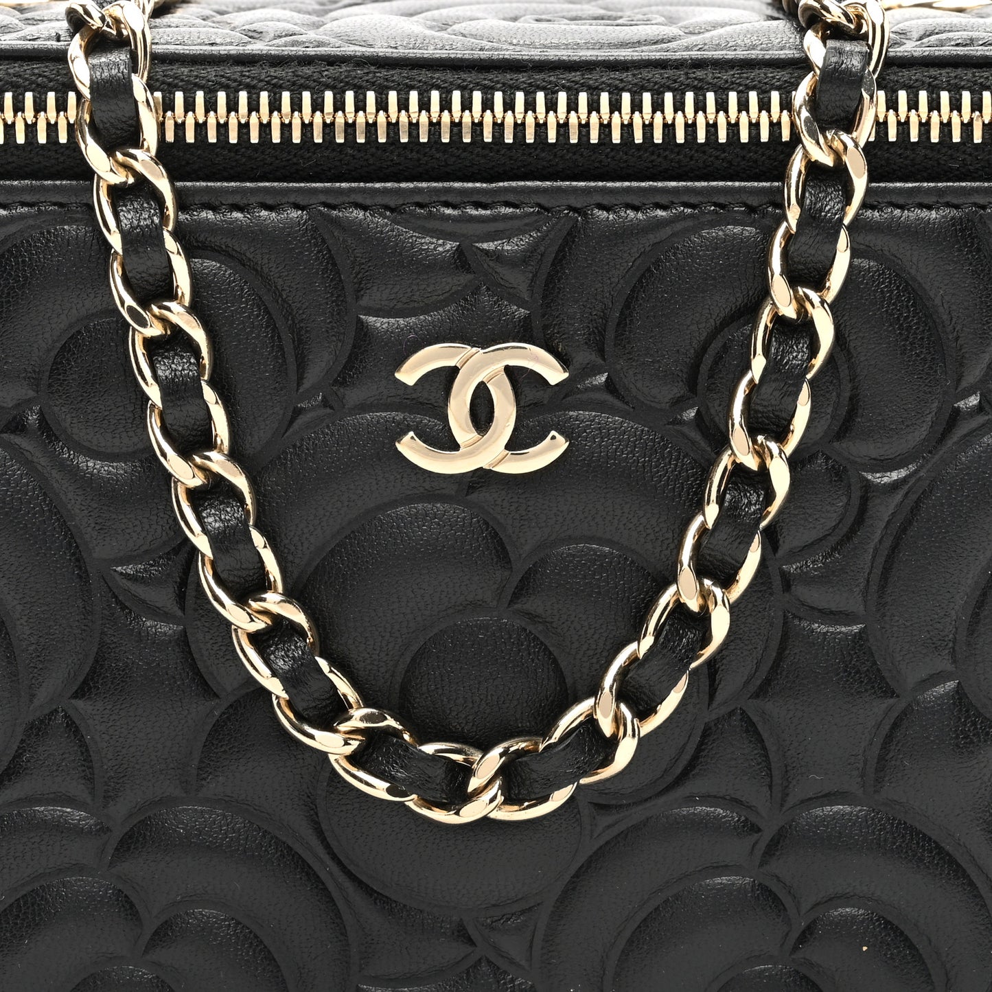 Lambskin Camellia Embossed Small Vanity Case With Chain Black