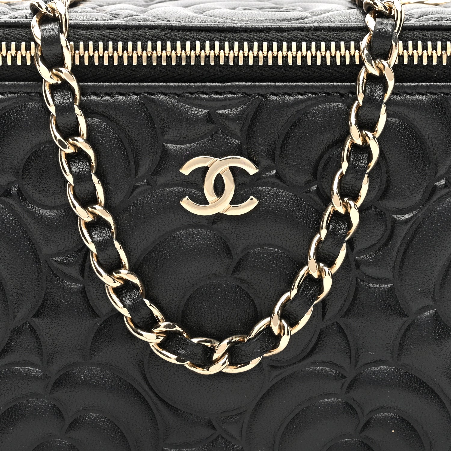 Chanel Lambskin Camellia Embossed Small Vanity Case With Chain Black 8 of 10