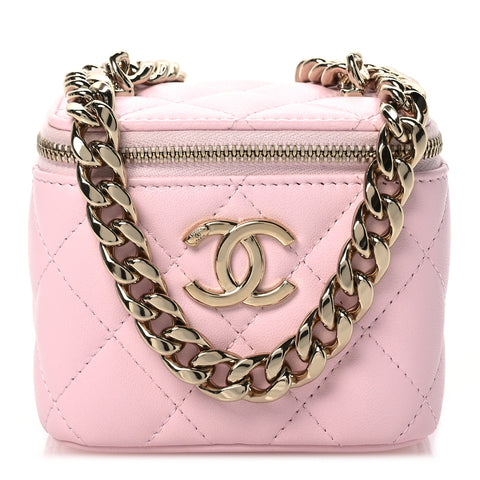 Lambskin Quilted Enamel Coco Mini Vanity Case With Chain Pink