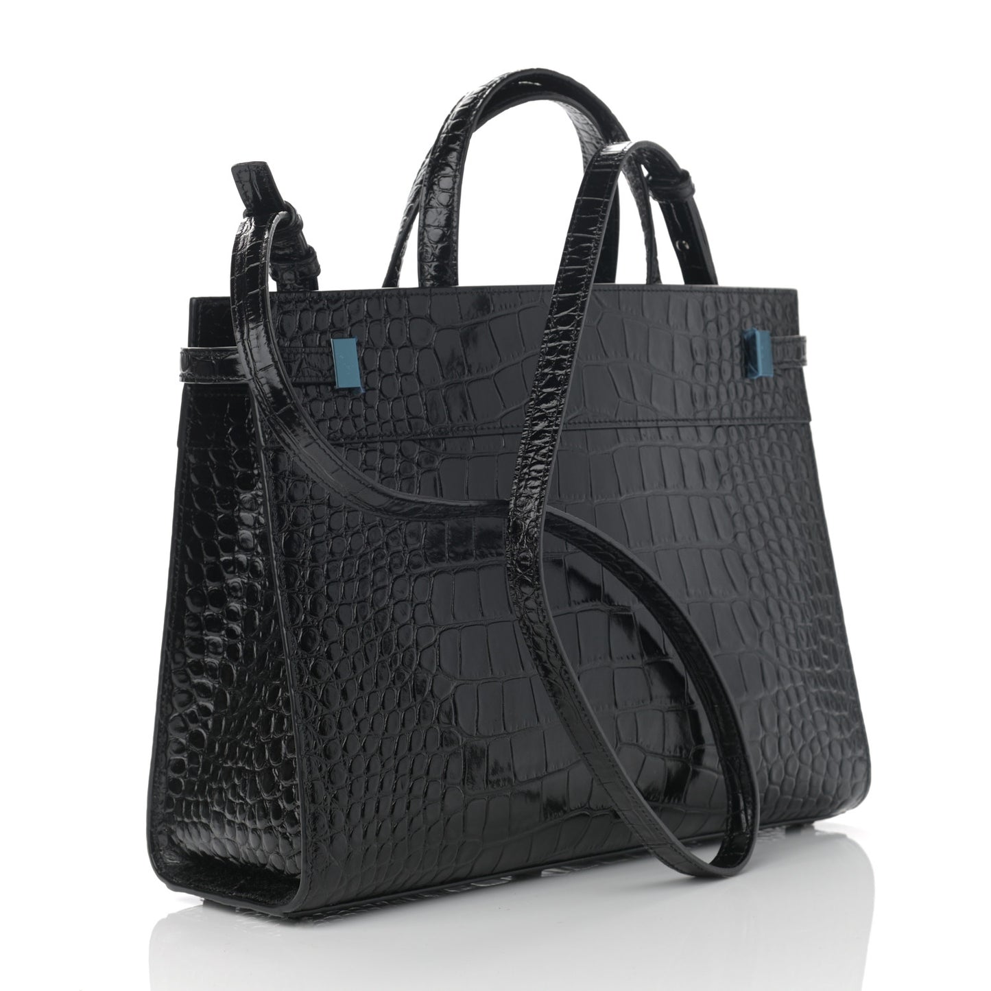 Shiny Calfskin Crocodile Embossed Small Manhattan Shopper Tote Black